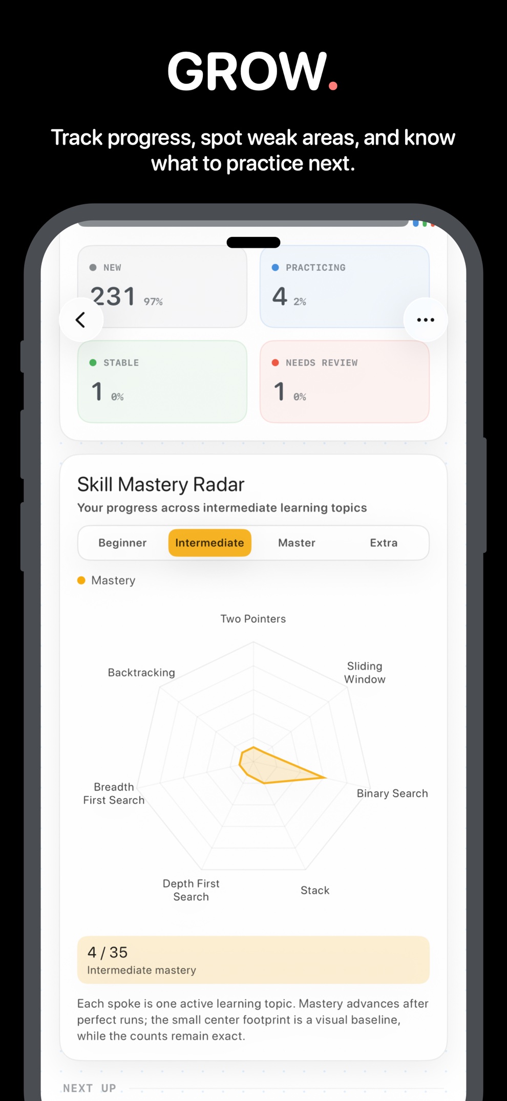 Mastery and progress tracking dashboard