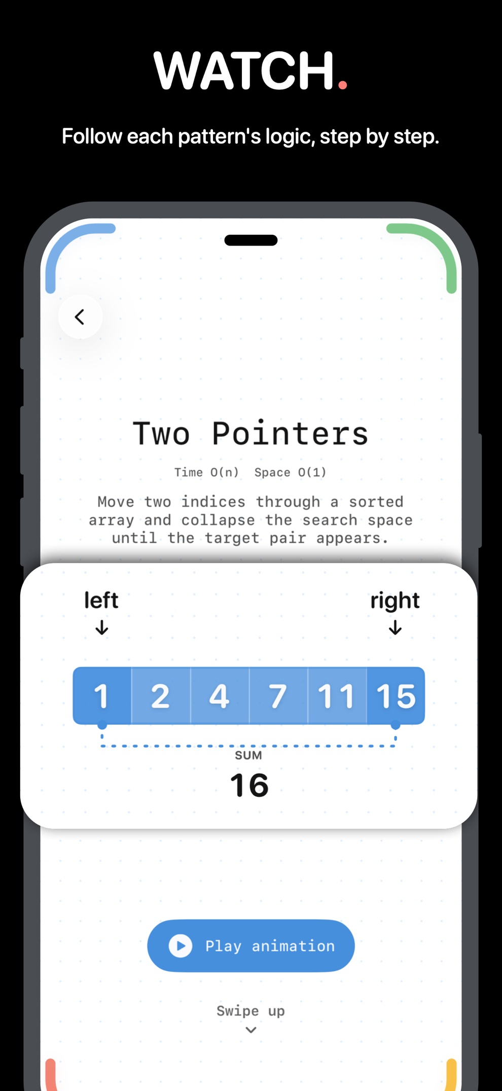 Animated visual lesson for the two pointers pattern